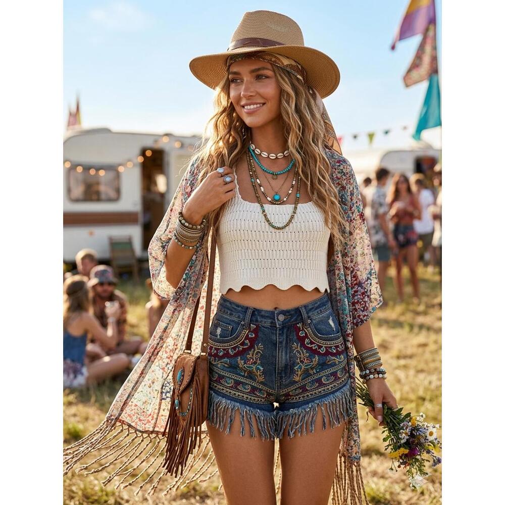Bohme Beige Crochet Crop Top Scallop Edge Square Neck S